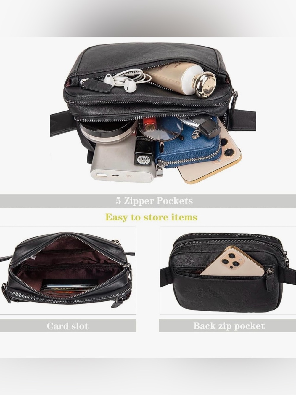 Black Leather UNISEX Waist & Crossbody Bag - Picture 6 of 13
